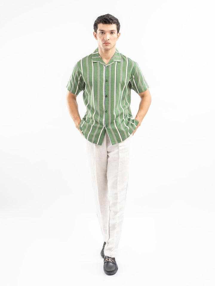 Brumano Ready To Wear Shirts Men 1 Piece Cotton Green & White Striped Cuban Collar Shirt 0-33-025-4399 - Summer Collection