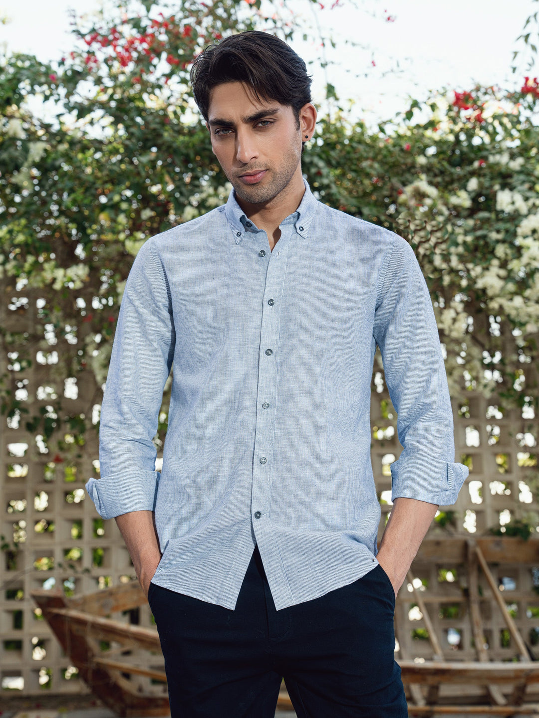 Brumano Mens RTW Solids Linen Shirt Grey Down Button Casual Collection