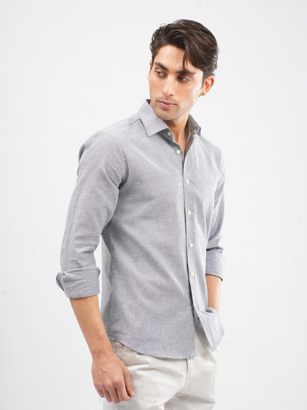 Brumano Mens RTW Solids Cotton Shirt Grey Blended Dobby Casual Collection
