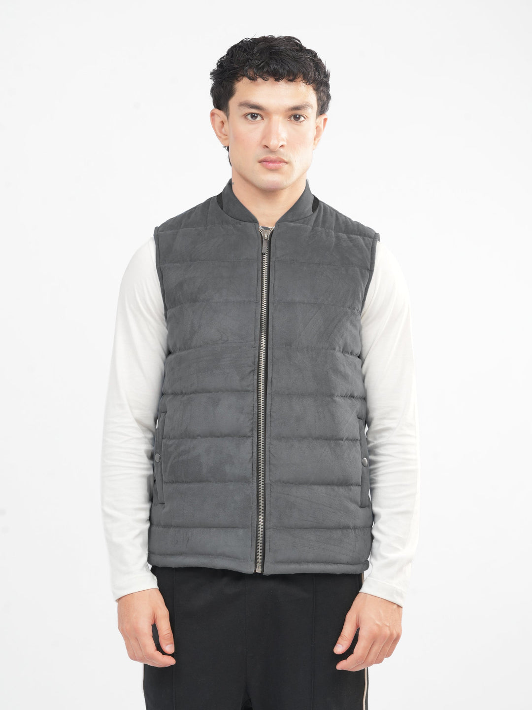 Brumano Mens RTW Solids Poly Jacket Grey Suede Sleeveless Winter Collection