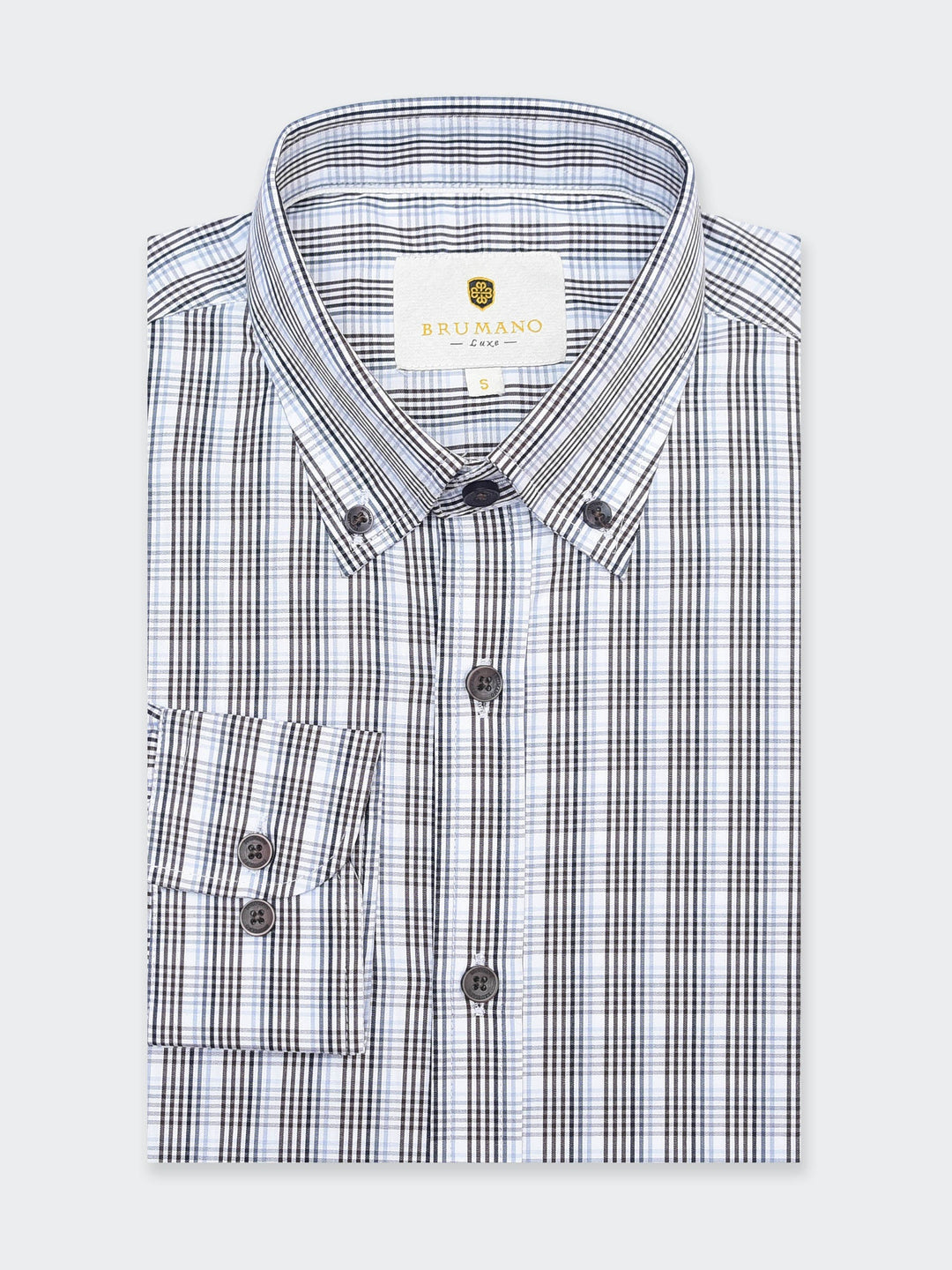 Brumano Mens RTW Solids Cotton Shirt Grey Gingham Checkered Western Collection