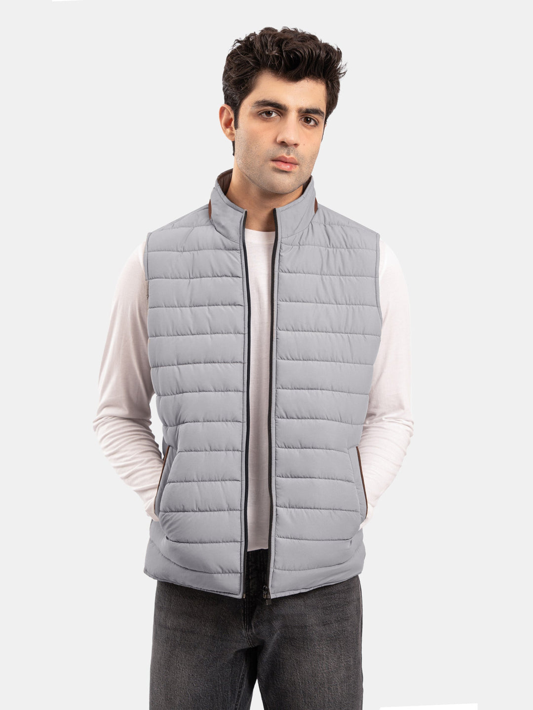 Brumano Mens RTW Solids Poly Jacket Suit Grey Puffer With Leather Detailing Winter Collection