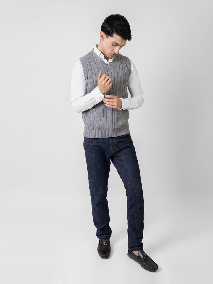 Brumano Ready to Wear Men Cotton Grey Cable Knitted V-Neck Sleeveless Sweater 0-22-024-3117-D-02 - Winter Collection
