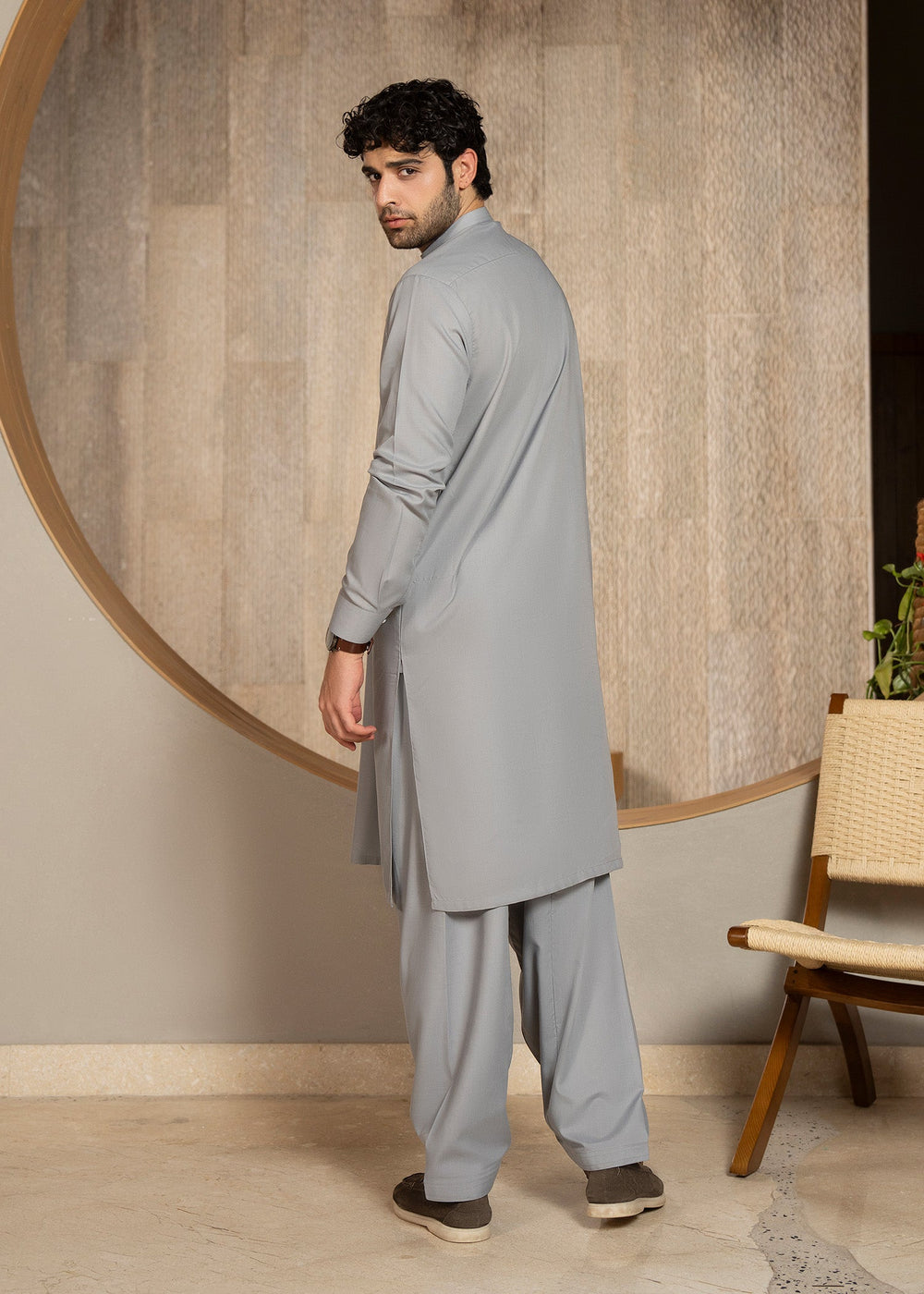 Buraq Men RTW Solids Wash N Wear Kurta Shalwar Suit Grey Casual Collection