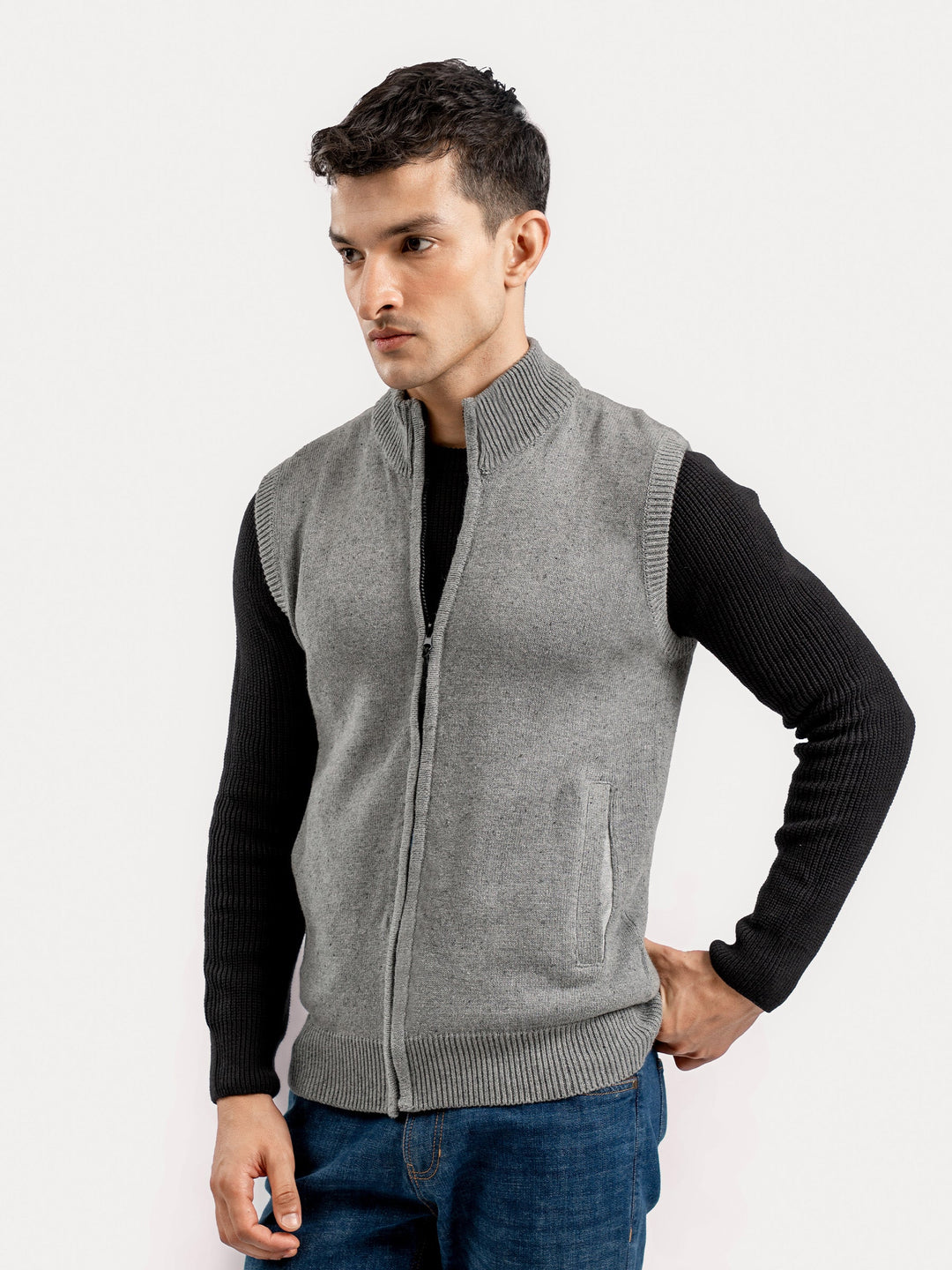 Brumano Ready to Wear Men Cotton Grey Neppy Sleeveless Zipper Sweater 0-24-025-4762-D-11 - Winter Collection