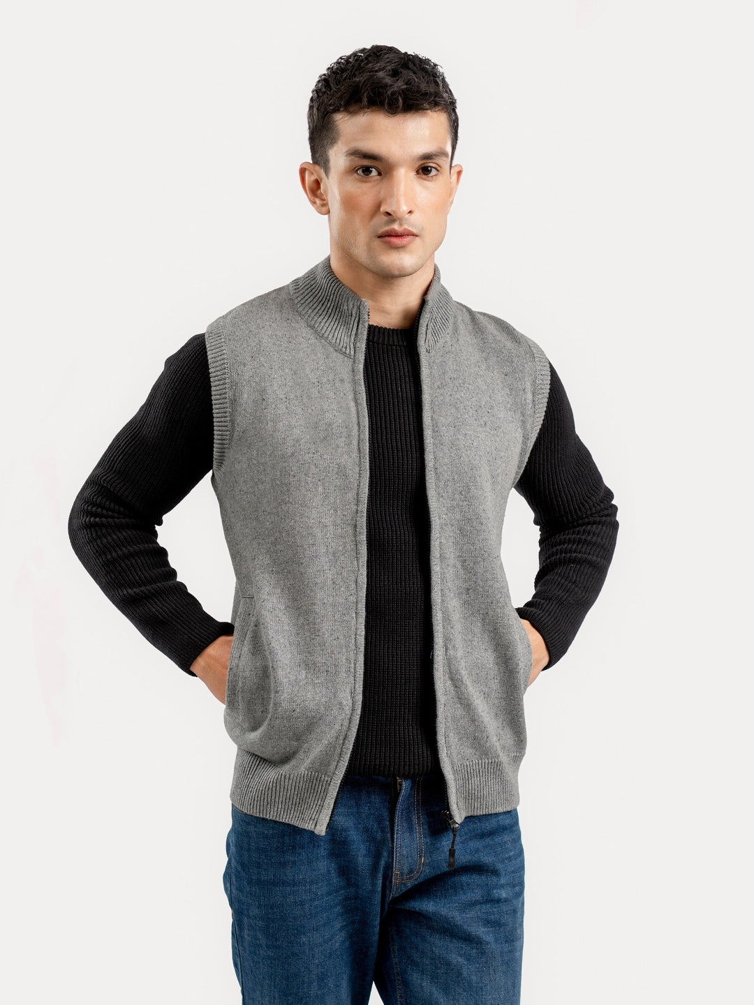 Brumano Ready to Wear Men Cotton Grey Neppy Sleeveless Zipper Sweater 0-24-025-4762-D-11 - Winter Collection