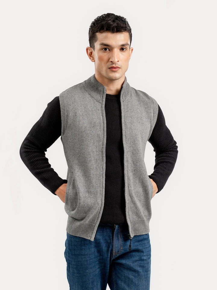 Brumano Ready to Wear Men Cotton Grey Neppy Sleeveless Zipper Sweater 0-24-025-4762-D-11 - Winter Collection