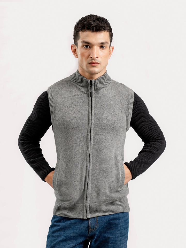 Brumano Ready to Wear Men Cotton Grey Neppy Sleeveless Zipper Sweater 0-24-025-4762-D-11 - Winter Collection