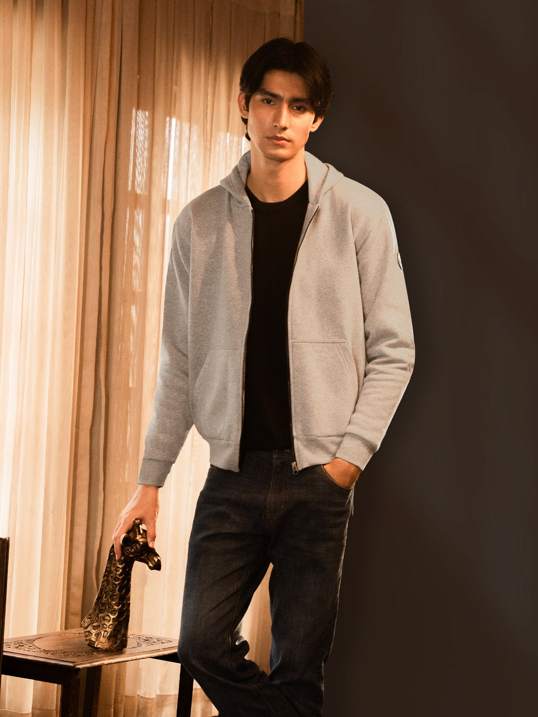 Brumano Mens RTW Solids Cotton Jacket Grey Zipper Hoodie Jacket Winter Collection