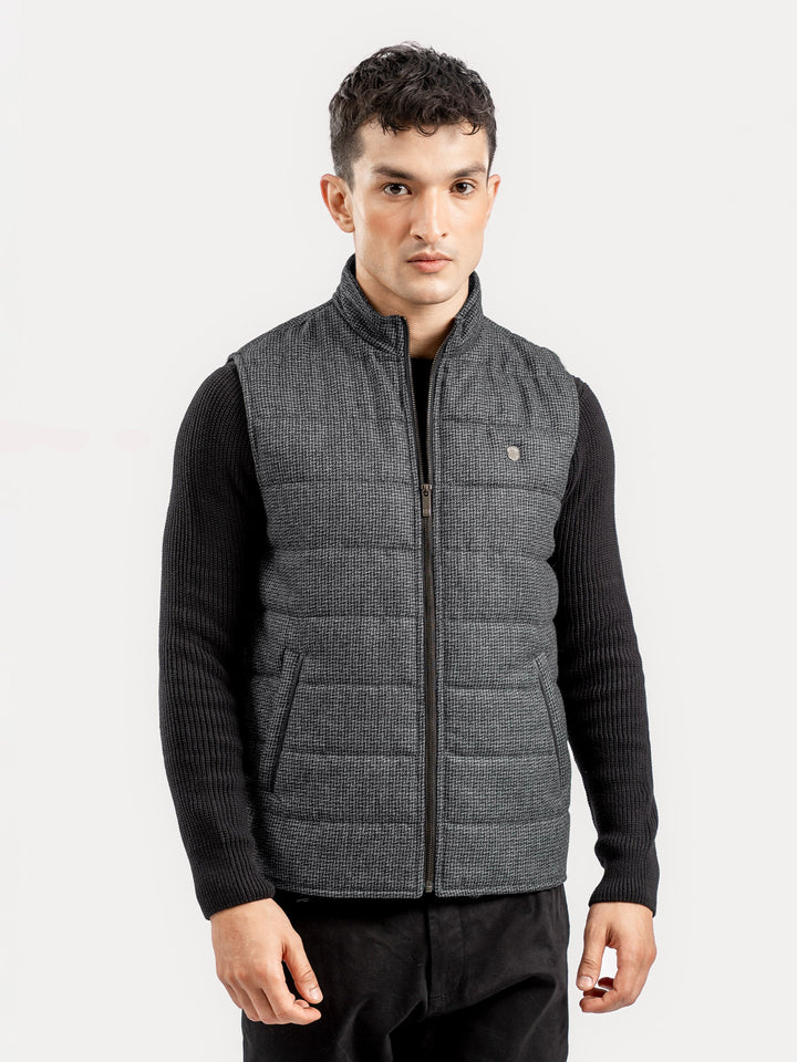 Brumano Ready To Wear Solids Cotton 1 Piece Men Grey & Black Patterned Wool Structured Sleeveless Zipper Jacket 0-12-025-4327 - Winter Collection