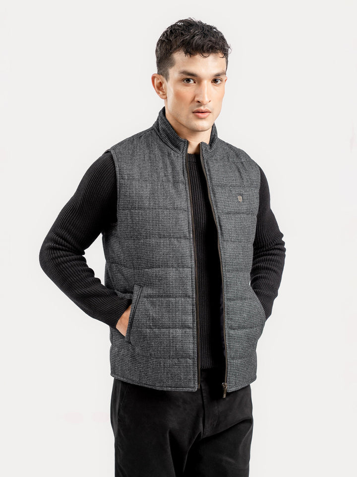 Brumano Ready To Wear Solids Cotton 1 Piece Men Grey & Black Patterned Wool Structured Sleeveless Zipper Jacket 0-12-025-4327 - Winter Collection