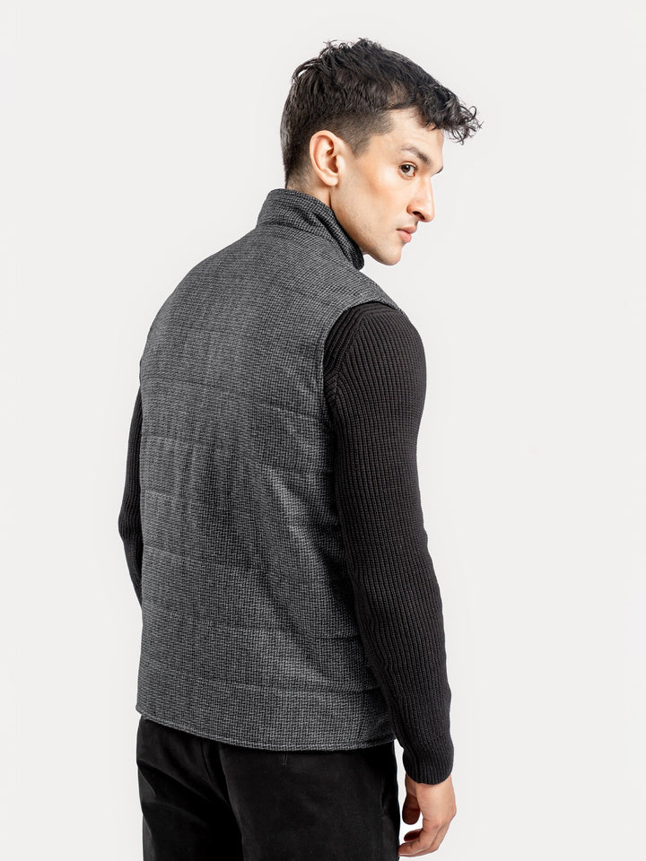 Brumano Ready To Wear Solids Cotton 1 Piece Men Grey & Black Patterned Wool Structured Sleeveless Zipper Jacket 0-12-025-4327 - Winter Collection