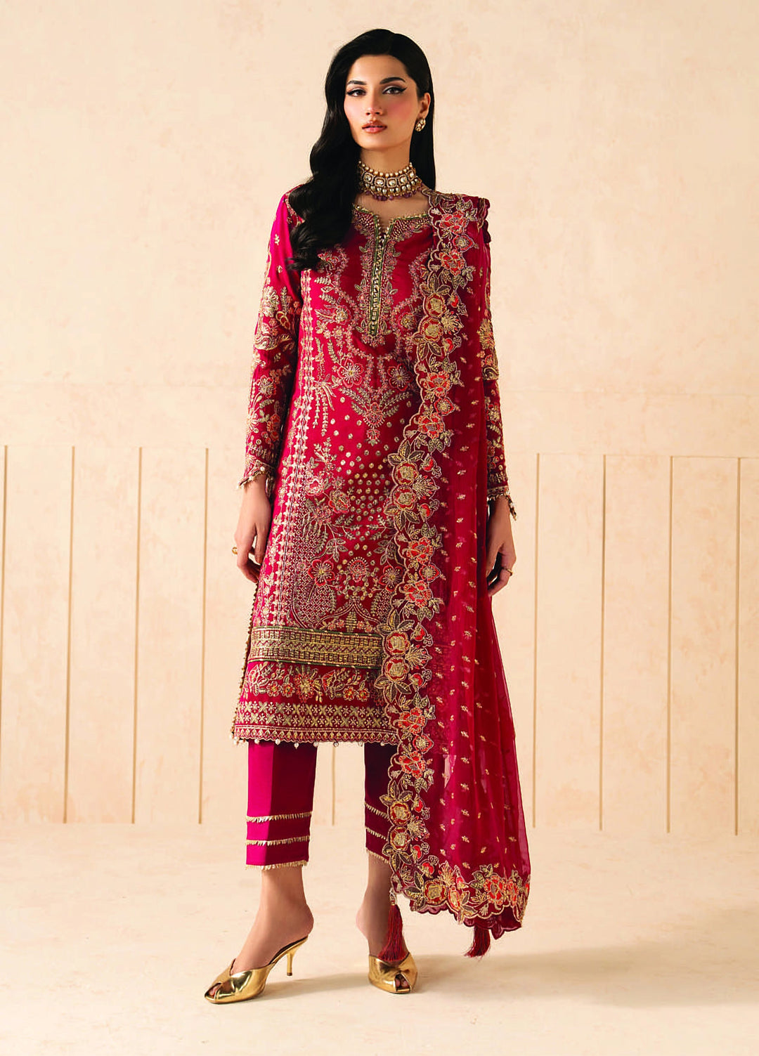 Syleena by Gulaal Unstitched Embroidered Raw Silk 3 Piece Suit GL26USR Rubine SD-27 - Festive Collection