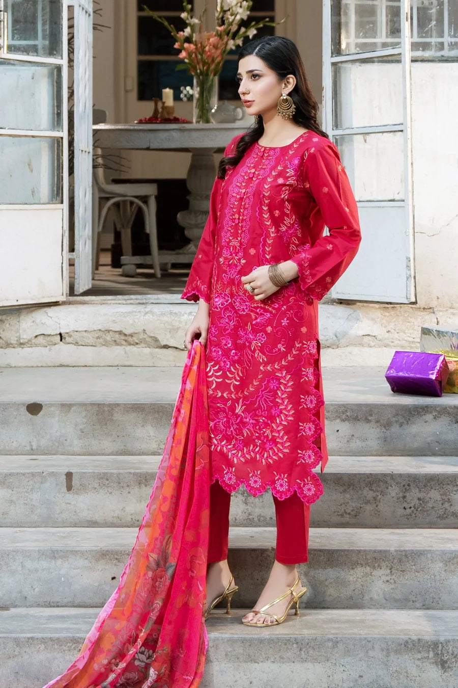 Dhaga Women RTW Embroidered Cotton 3 Piece Carmine - Eid Collection