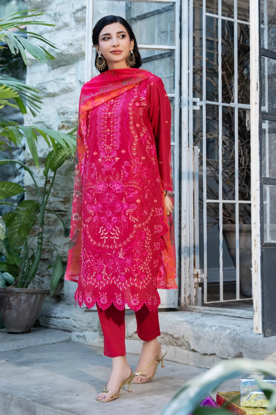 Dhaga Women RTW Embroidered Cotton 3 Piece Carmine - Eid Collection