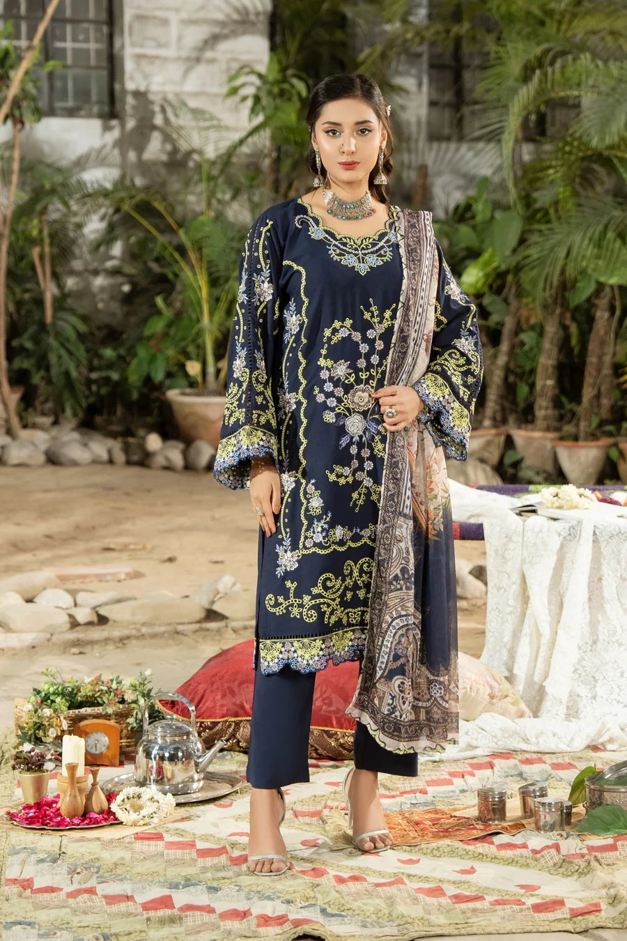 Dhaga Women RTW Embroidered Cotton 3 Piece Royal azure - Eid Collection