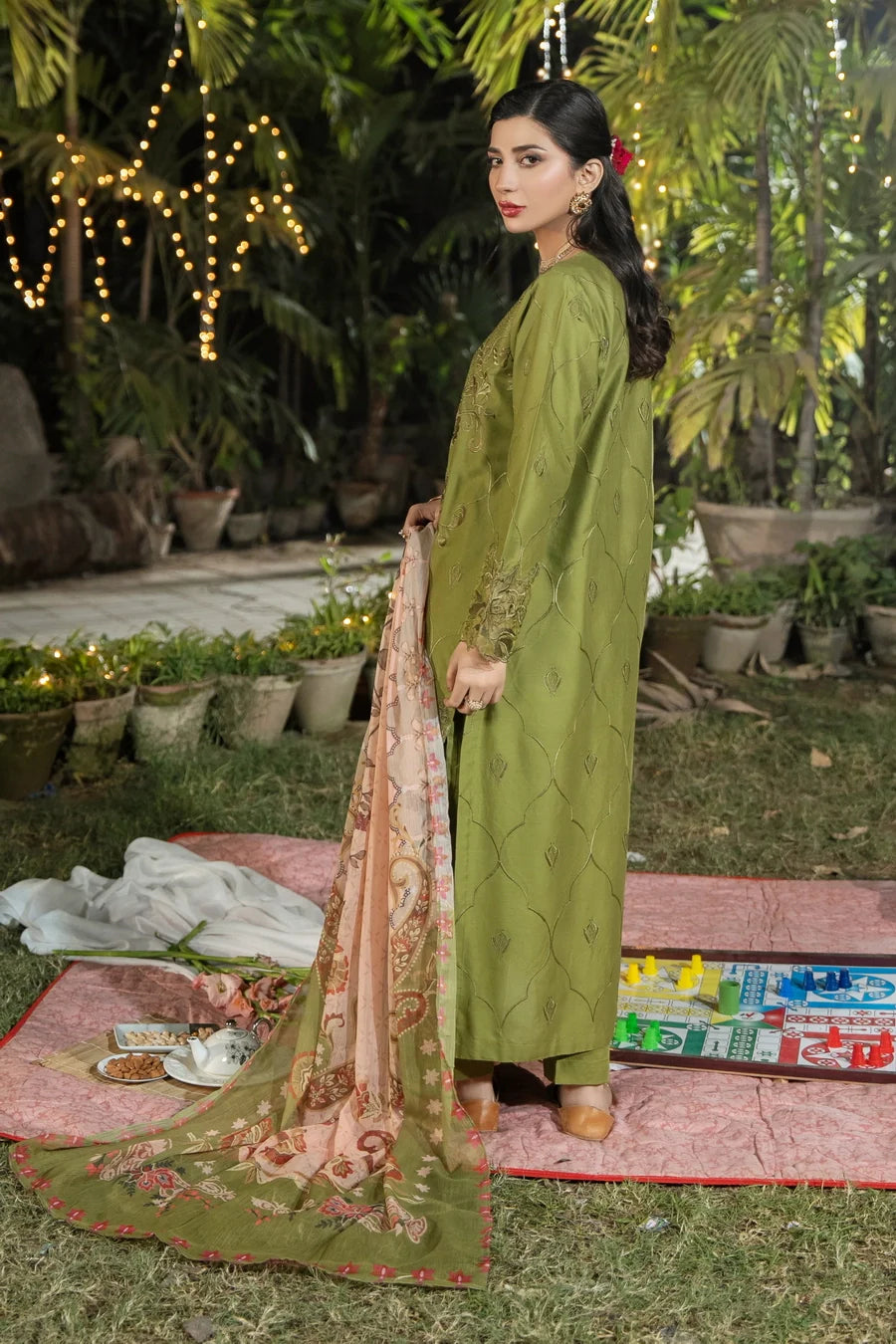 Dhaga Women RTW Embroidered Cotton 3 Piece Olivkovyy - Eid Collection