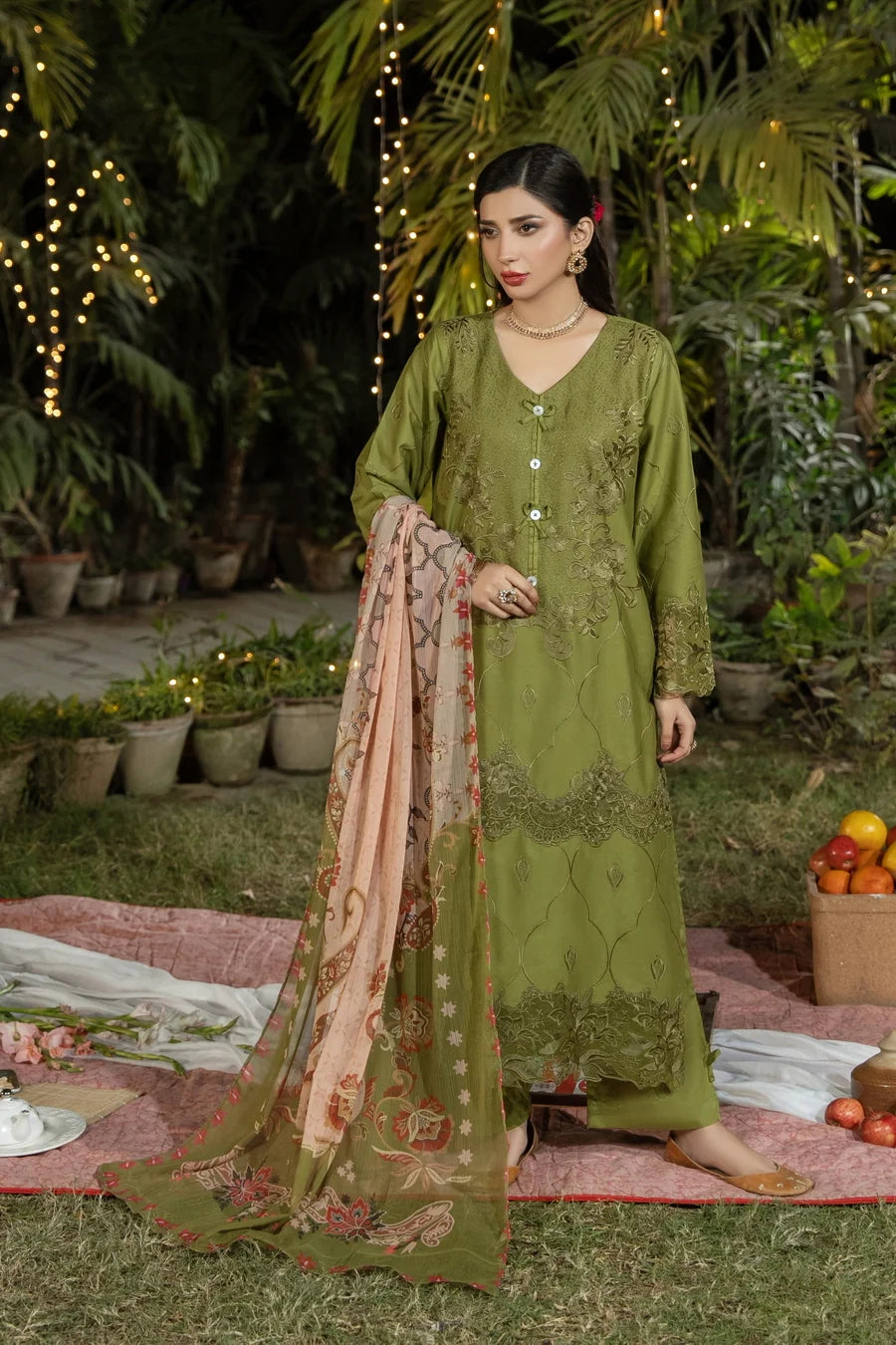Dhaga Women RTW Embroidered Cotton 3 Piece Olivkovyy - Eid Collection