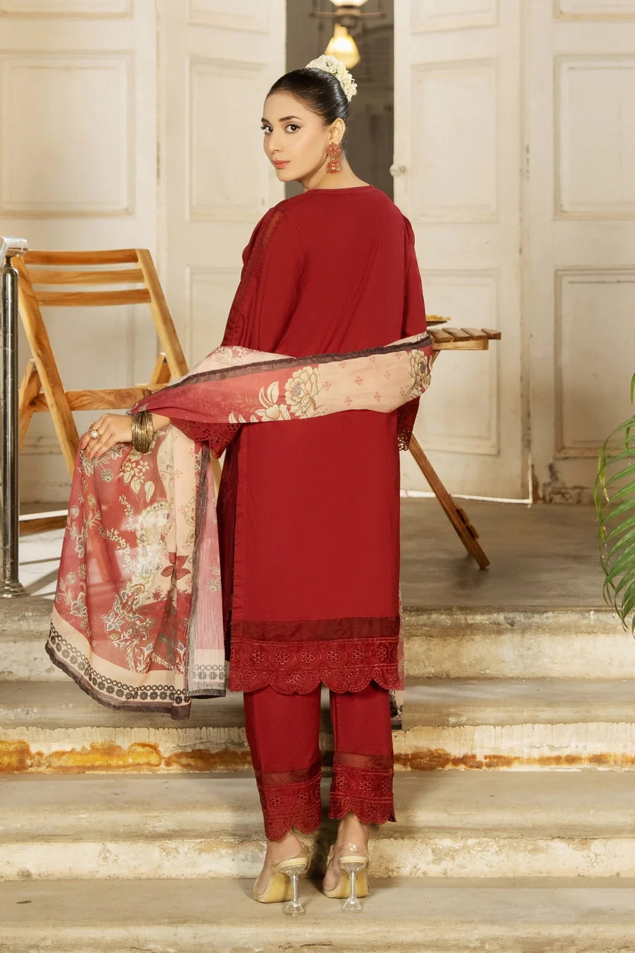 Dhaga Women RTW Embroidered Cotton 3 Piece Ruby dusk - Eid Collection