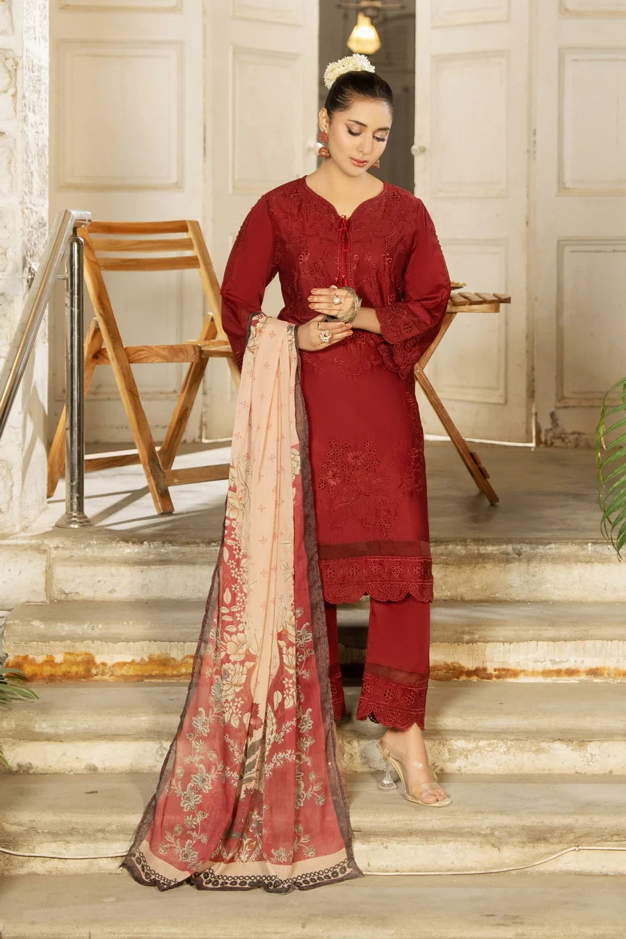 Dhaga Women RTW Embroidered Cotton 3 Piece Ruby dusk - Eid Collection