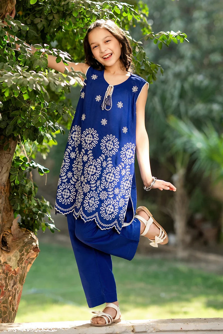 Dhaga Kids Pret Embroidred Cotton 2 Piece Blue Bloomer SS25DSE007 - Summer Collection