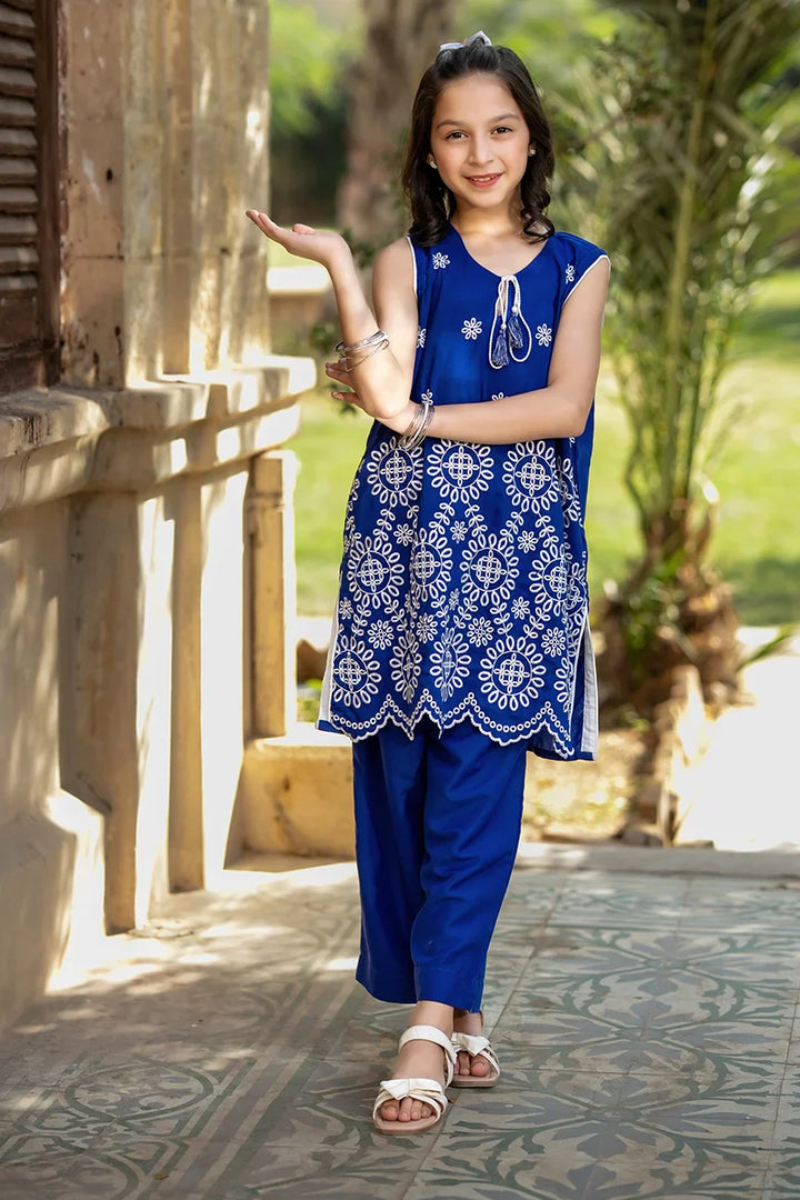 Dhaga Kids Pret Embroidred Cotton 2 Piece Blue Bloomer SS25DSE007 - Summer Collection