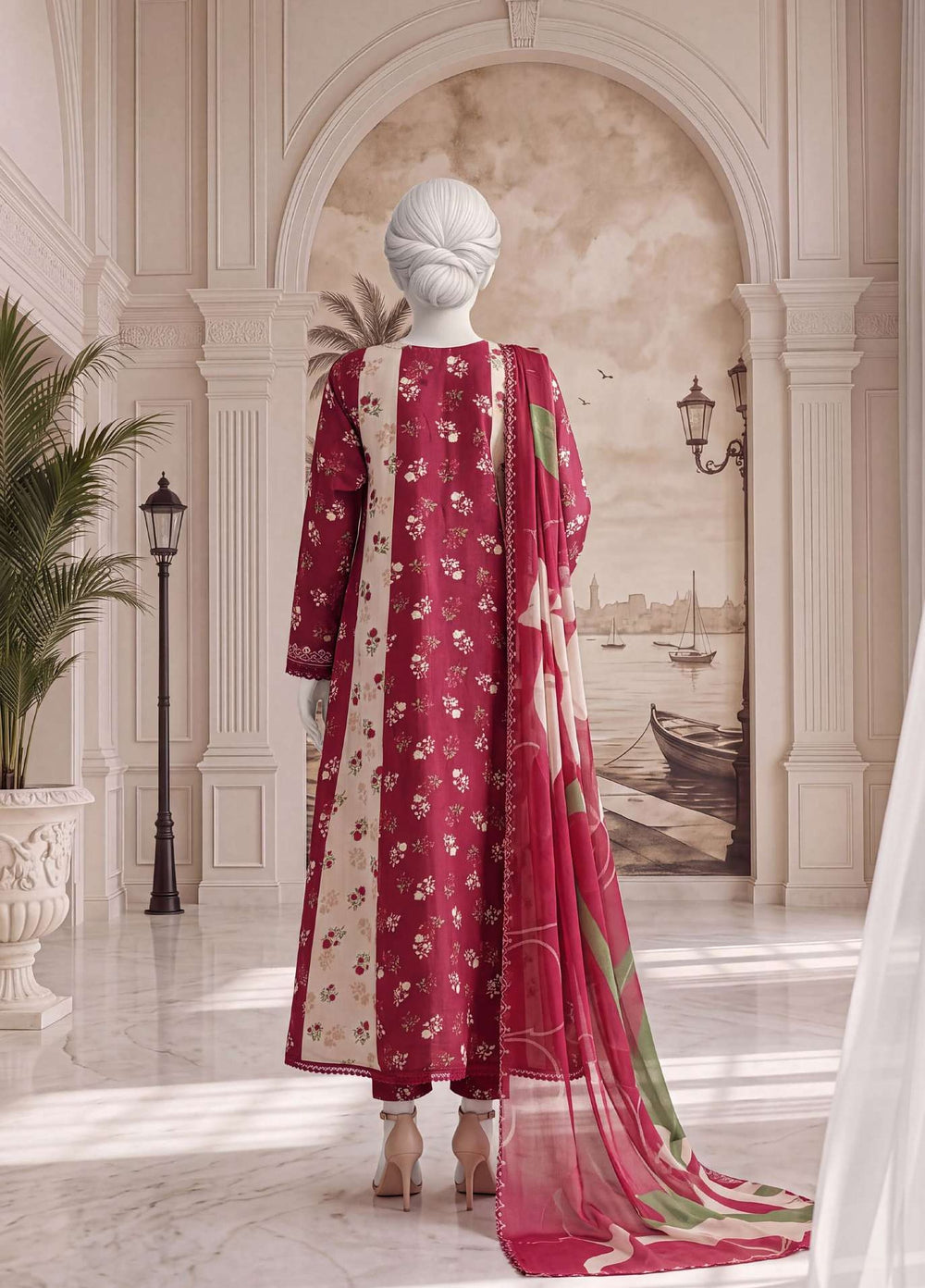 A Flowy Cut by HZ Textiles RTW Printed Raw Silk 3 Piece Suit HZ26RFC RPF-3P-002 Crimson Pink - Casual Collection