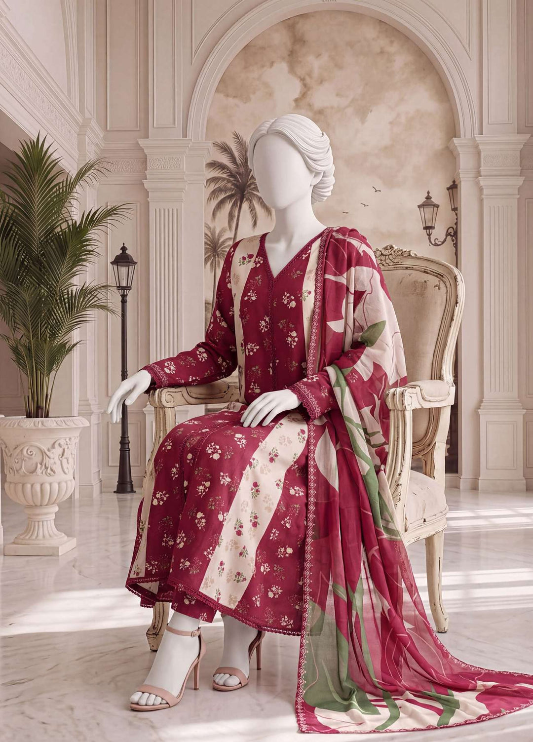A Flowy Cut by HZ Textiles RTW Printed Raw Silk 3 Piece Suit HZ26RFC RPF-3P-002 Crimson Pink - Casual Collection