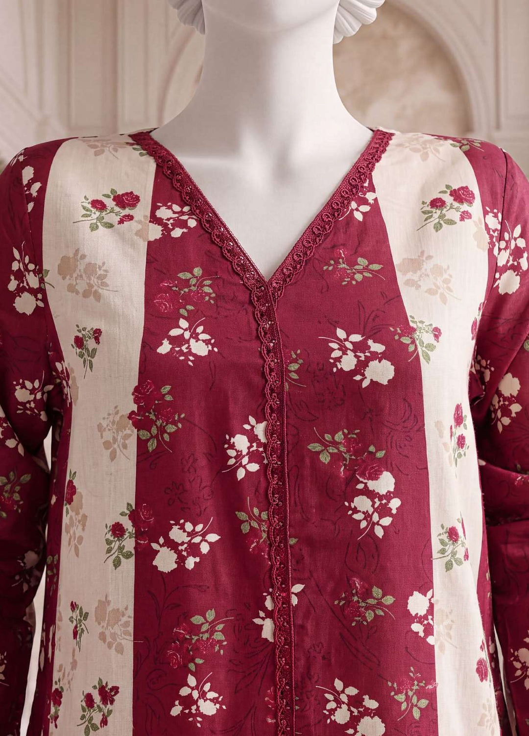 A Flowy Cut by HZ Textiles RTW Printed Raw Silk 3 Piece Suit HZ26RFC RPF-3P-002 Crimson Pink - Casual Collection