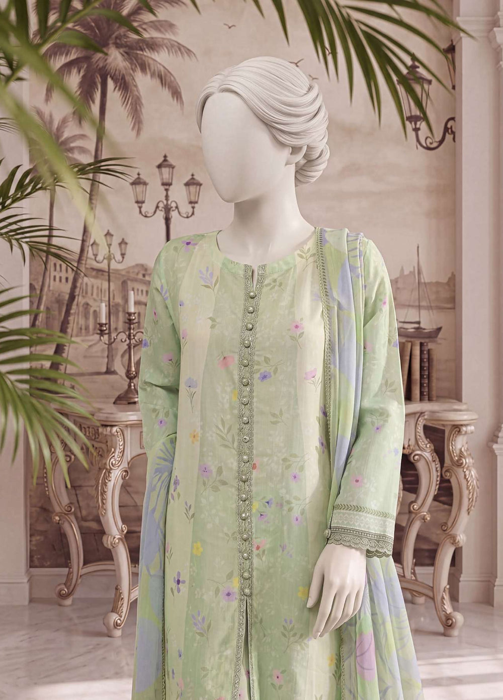 A Flowy Cut by HZ Textiles RTW Printed Raw Silk 3 Piece Suit HZ26RFC RPF-3P-003 Lime Mellow - Casual Collection