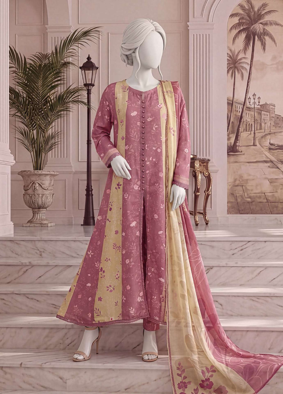 A Flowy Cut by HZ Textiles RTW Printed Raw Silk 3 Piece Suit HZ26RFC RPF-3P-004 Rose Blush - Casual Collection