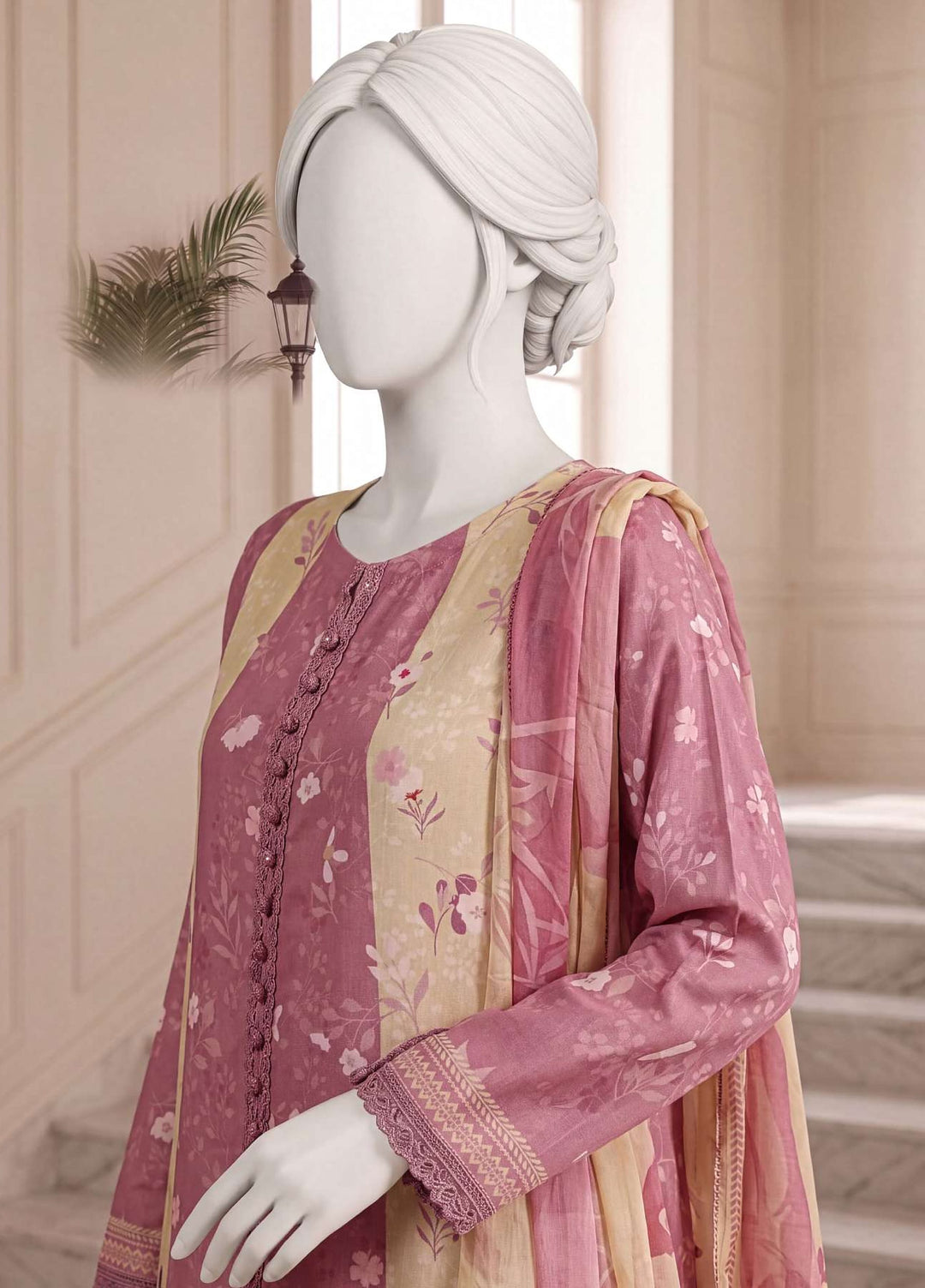 A Flowy Cut by HZ Textiles RTW Printed Raw Silk 3 Piece Suit HZ26RFC RPF-3P-004 Rose Blush - Casual Collection