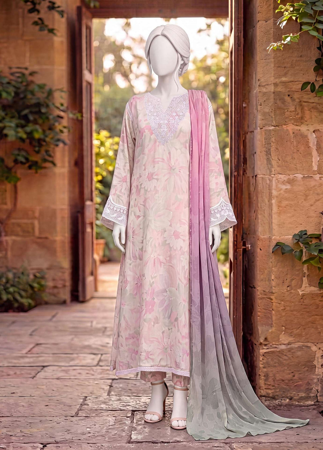Kaftan Silk by HZ Textiles RTW Printed Rawsilk 3 Piece Suit HZ26RKS XRPE-3P-009 Carnation - Casual Collection