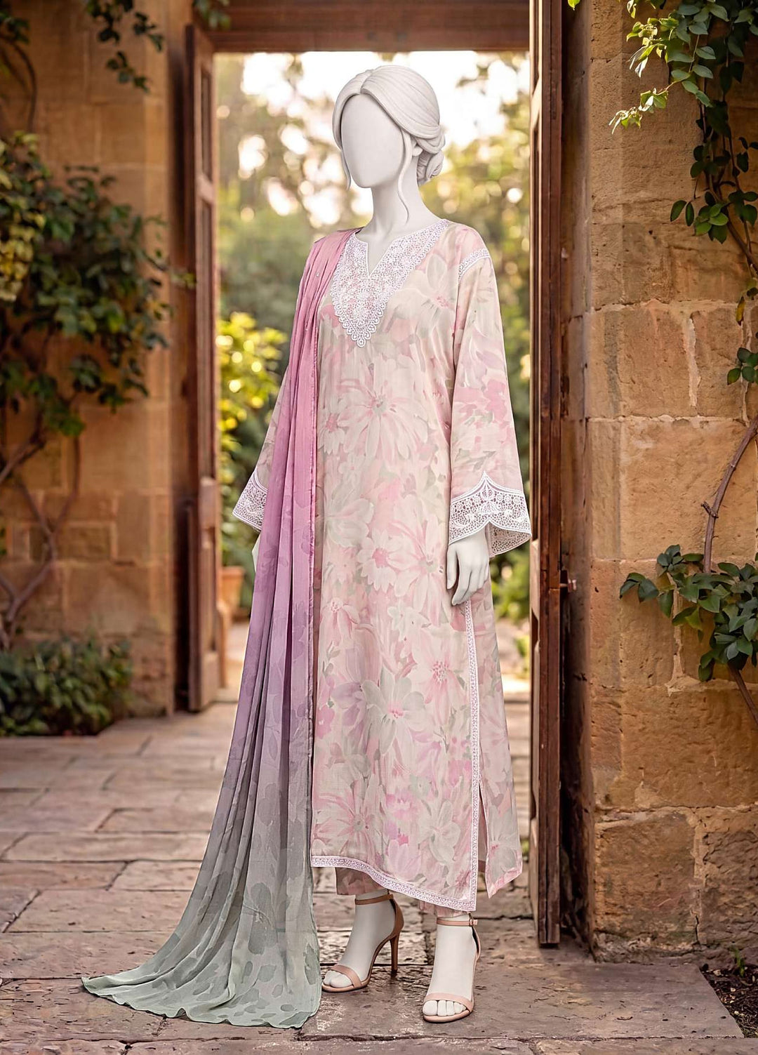 Kaftan Silk by HZ Textiles RTW Printed Rawsilk 3 Piece Suit HZ26RKS XRPE-3P-009 Carnation - Casual Collection