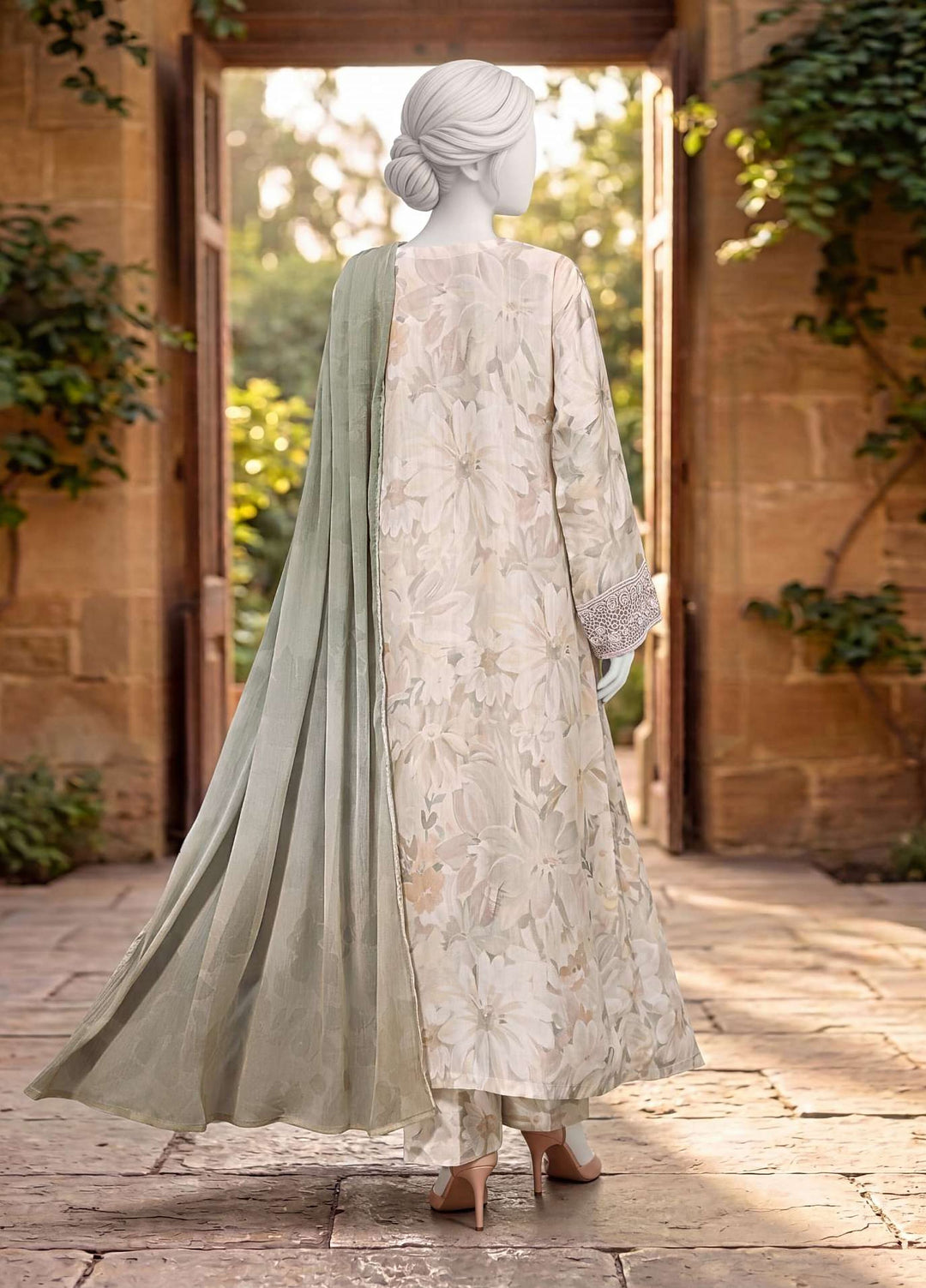 Kaftan Silk by HZ Textiles RTW Printed Rawsilk 3 Piece Suit HZ26RKS XRPE-3P-008 Ivory Crush - Casual Collection