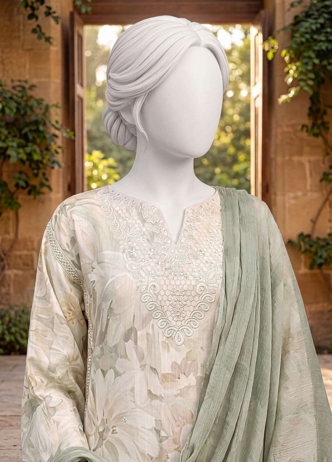 Kaftan Silk by HZ Textiles RTW Printed Rawsilk 3 Piece Suit HZ26RKS XRPE-3P-008 Ivory Crush - Casual Collection