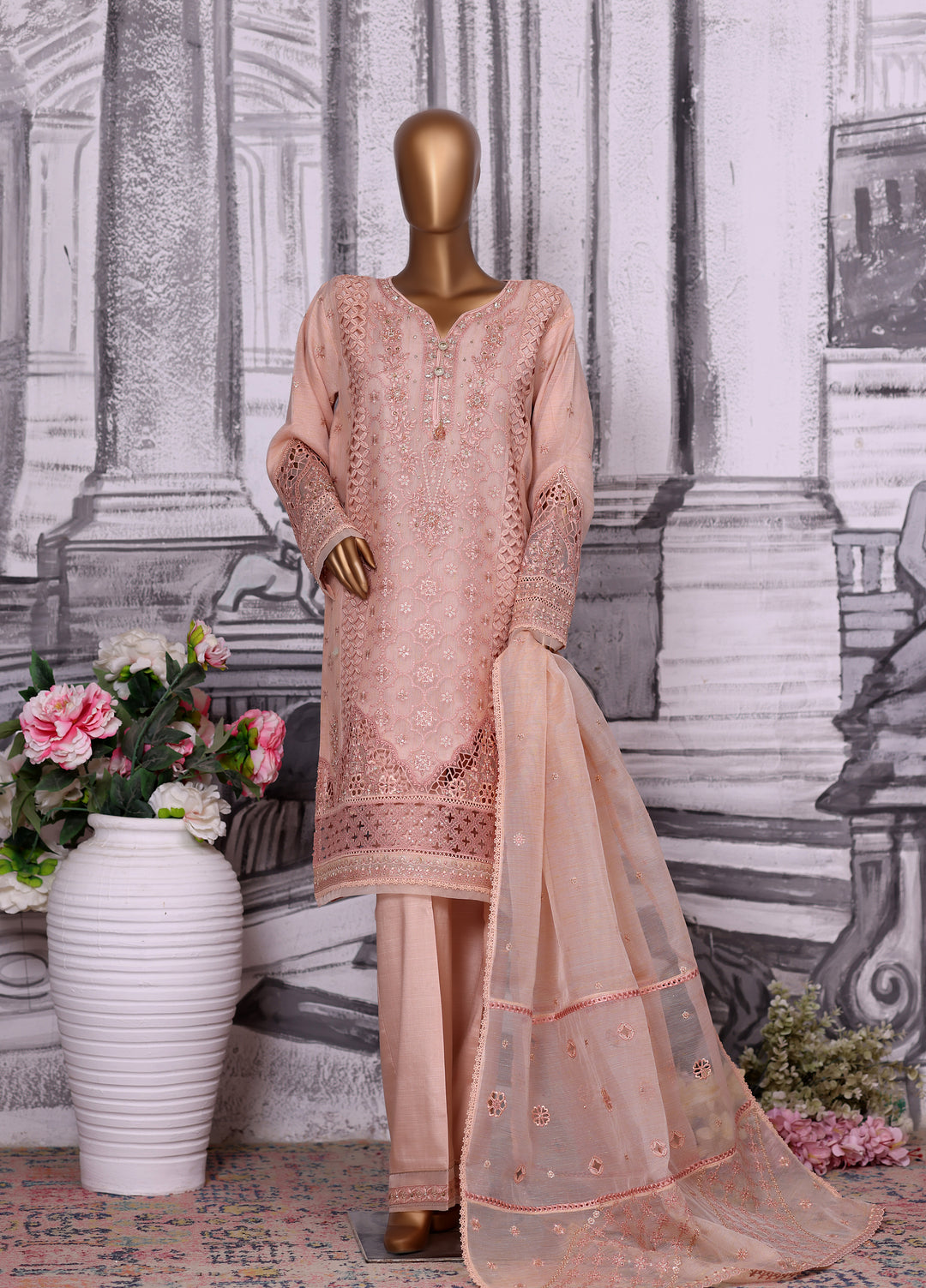 Falsafaa by HZ Textiles RTW Embroidered Organza 3 Piece Suit HZ26ULF HZK-228 Peach - Festive Collection
