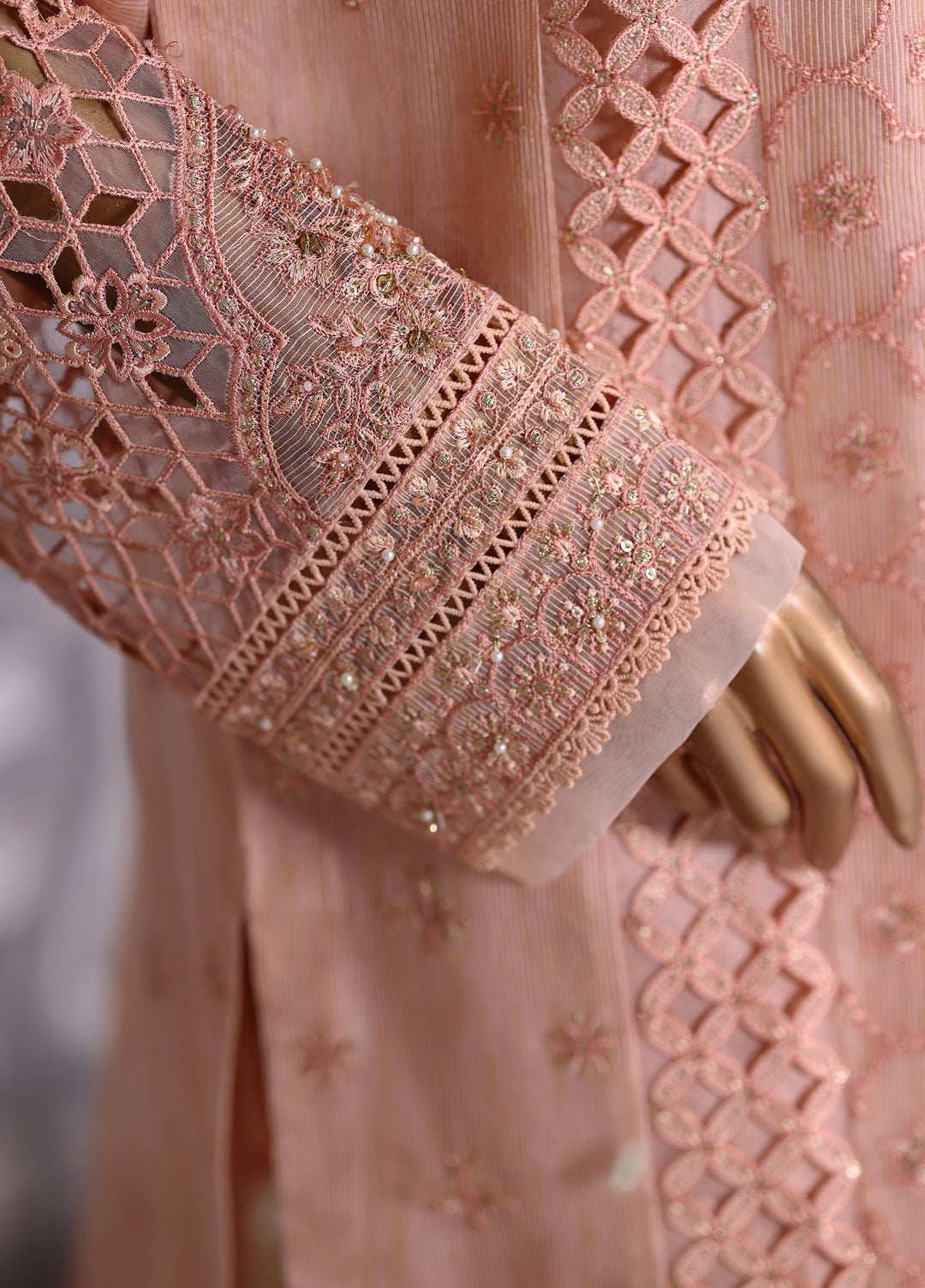 Falsafaa by HZ Textiles RTW Embroidered Organza 3 Piece Suit HZ26ULF HZK-228 Peach - Festive Collection