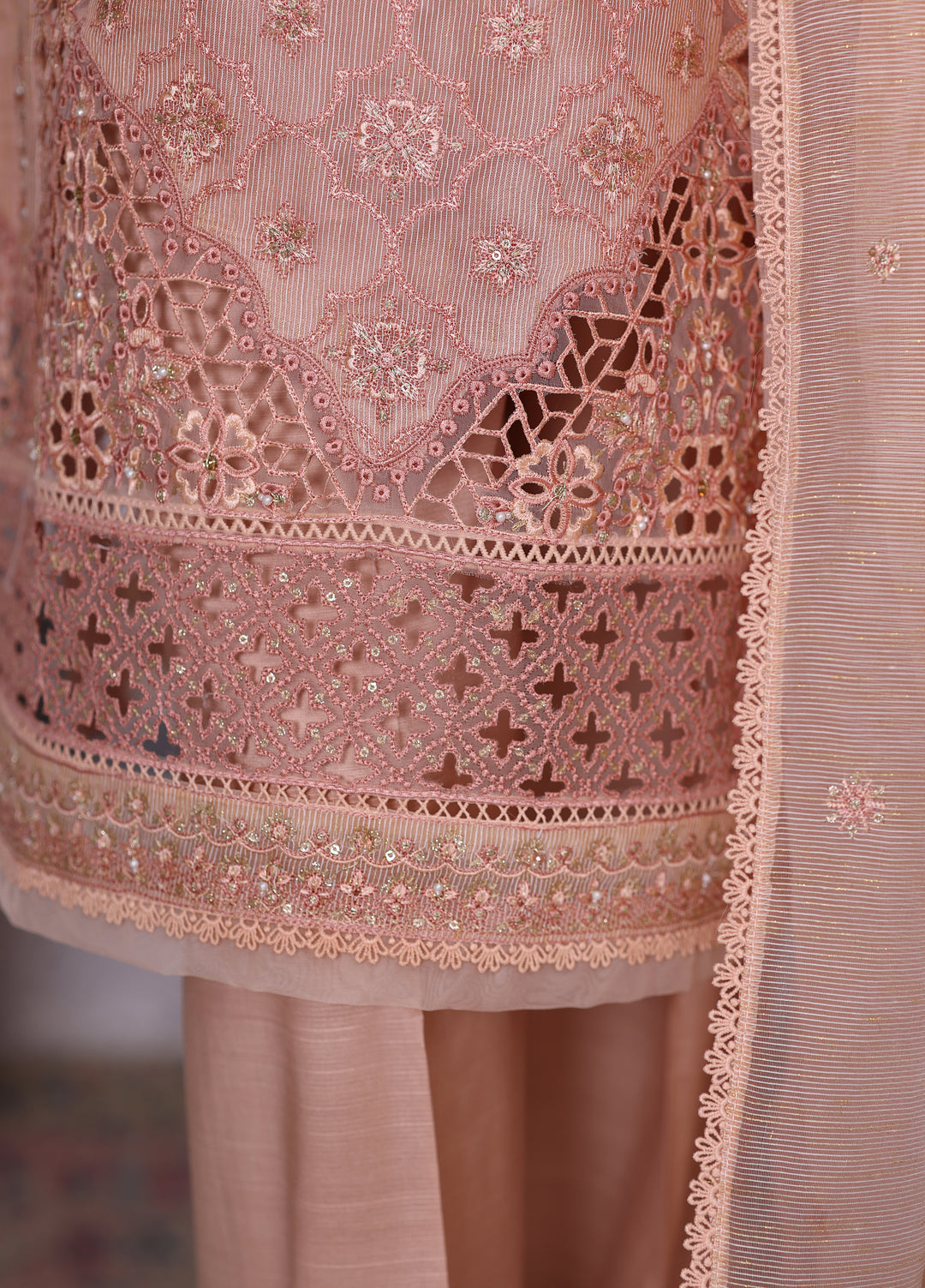 Falsafaa by HZ Textiles RTW Embroidered Organza 3 Piece Suit HZ26ULF HZK-228 Peach - Festive Collection