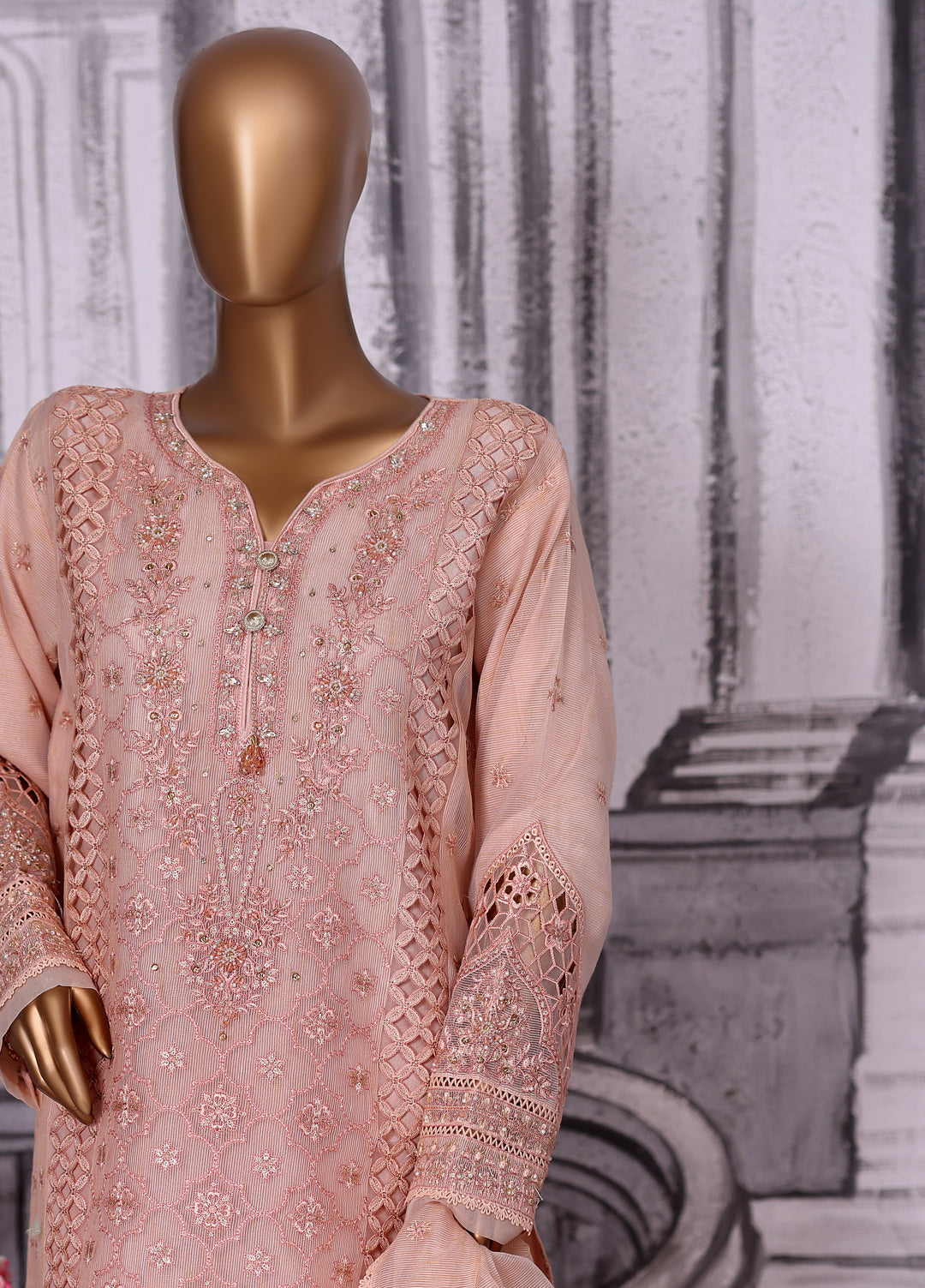 Falsafaa by HZ Textiles RTW Embroidered Organza 3 Piece Suit HZ26ULF HZK-228 Peach - Festive Collection