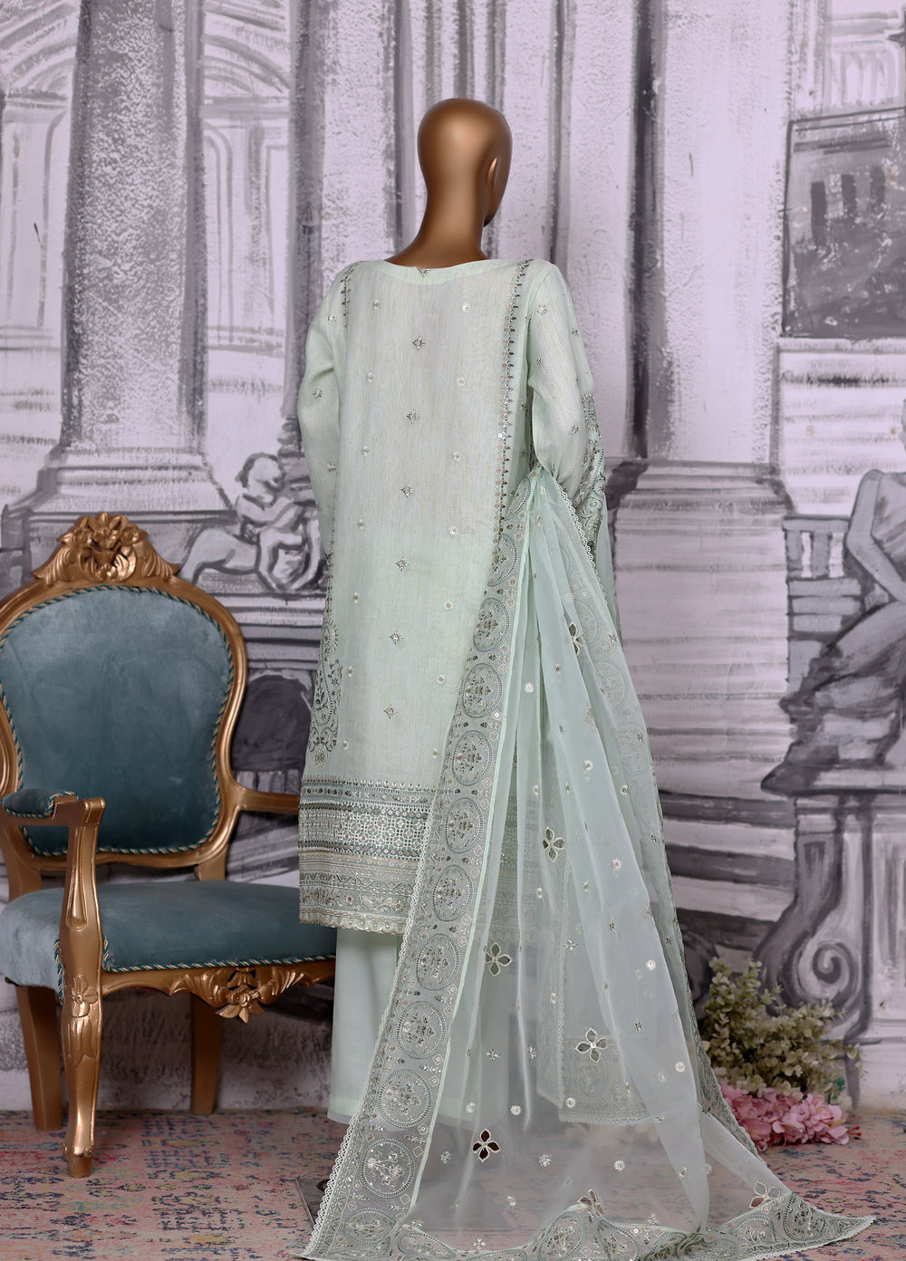 Falsafaa by HZ Textiles RTW Embroidered Organza 3 Piece Suit HZ26ULF HZK-229 Aqua - Festive Collection