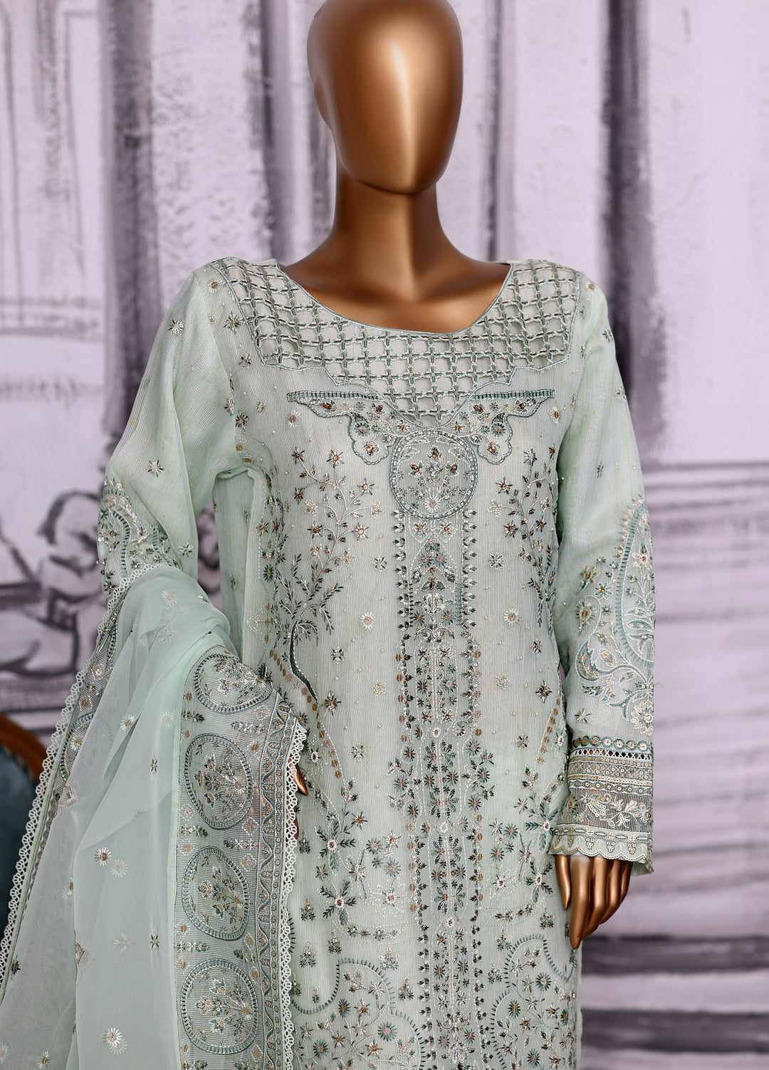 Falsafaa by HZ Textiles RTW Embroidered Organza 3 Piece Suit HZ26ULF HZK-229 Aqua - Festive Collection