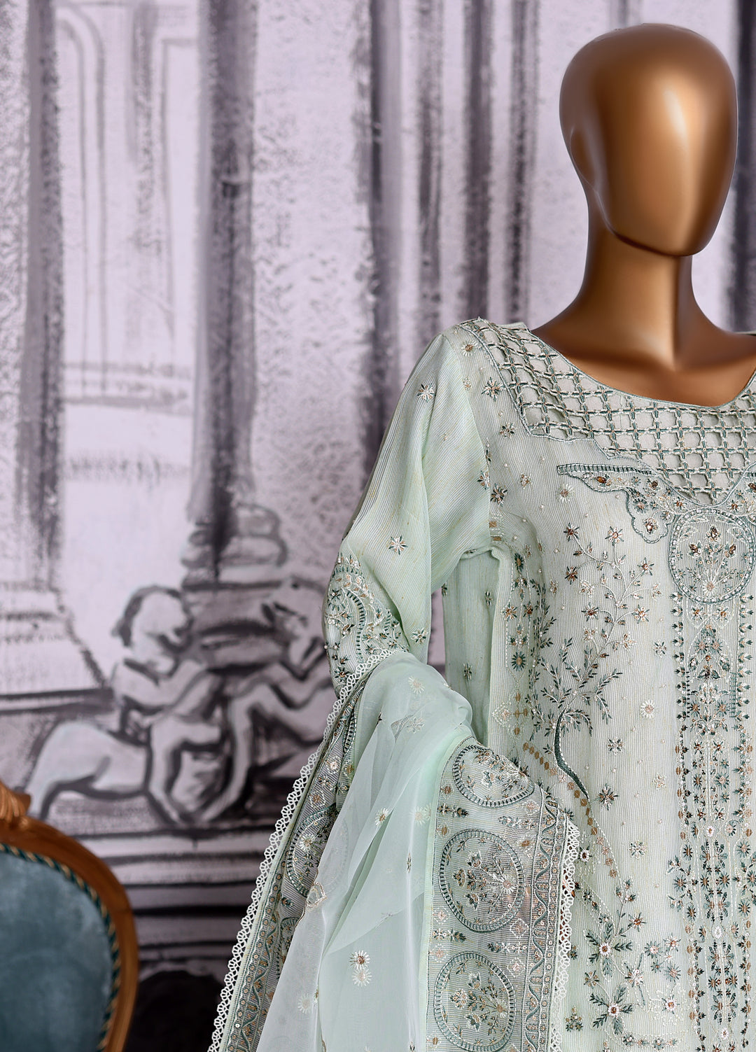Falsafaa by HZ Textiles RTW Embroidered Organza 3 Piece Suit HZ26ULF HZK-229 Aqua - Festive Collection