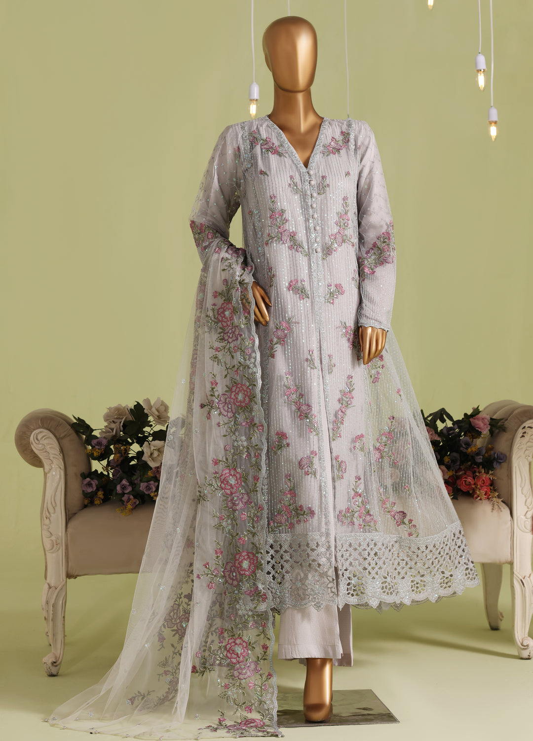 Falsafaa by HZ Textiles RTW Embroidered Organza 3 Piece Suit HZ26ULF HZK-237 C.Blue - Festive Collection