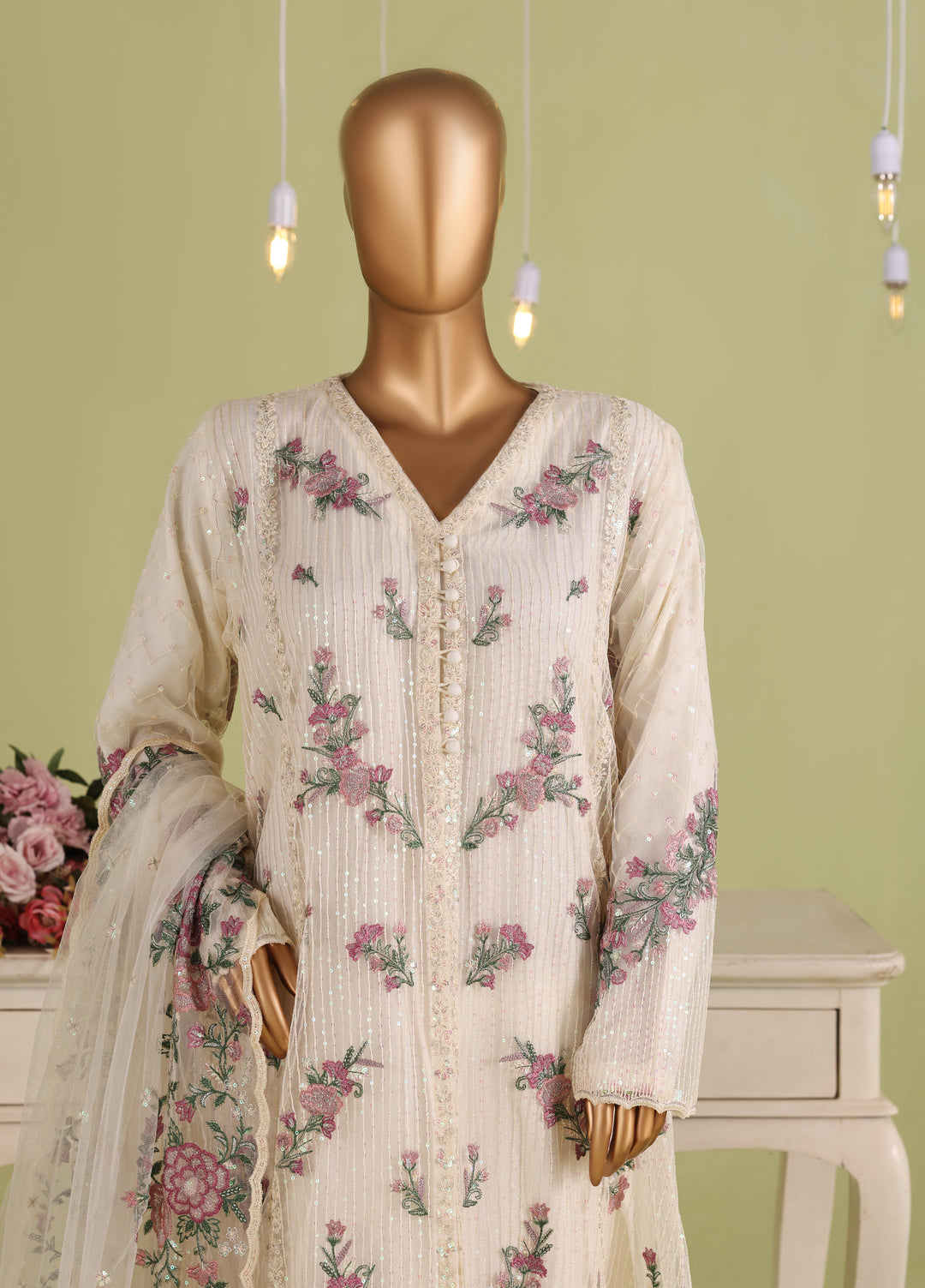 Falsafaa by HZ Textiles RTW Embroidered Organza 3 Piece Suit HZ26ULF HZK-237 Cream - Festive Collection