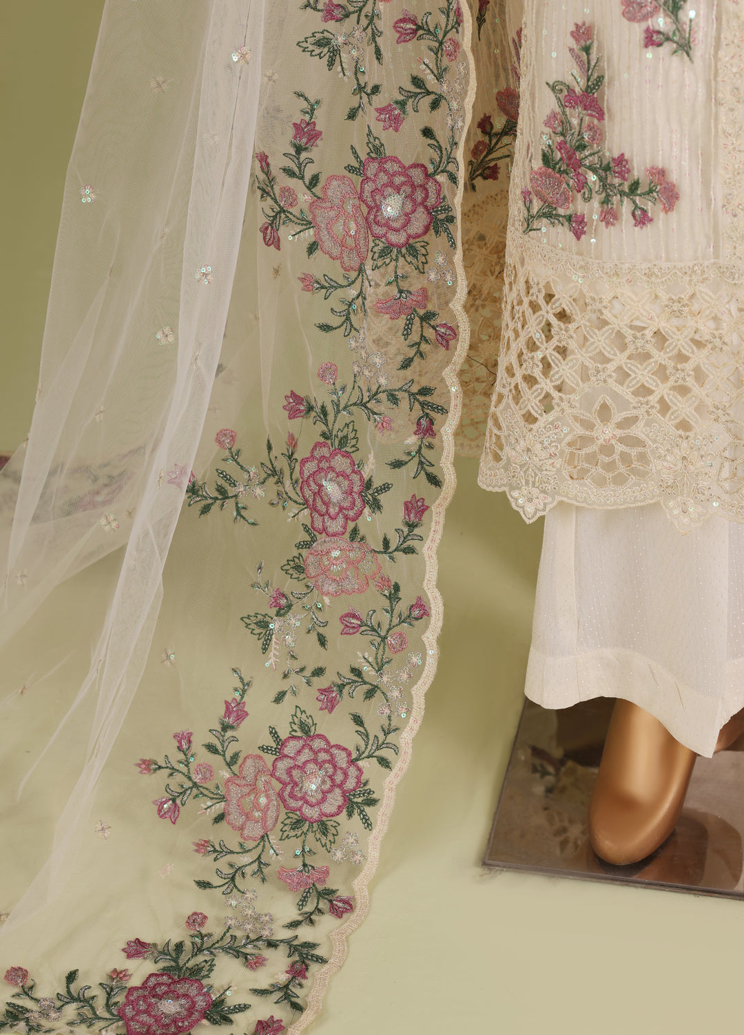 Falsafaa by HZ Textiles RTW Embroidered Organza 3 Piece Suit HZ26ULF HZK-237 Cream - Festive Collection