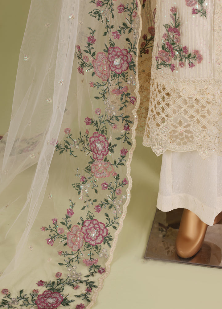 Falsafaa by HZ Textiles RTW Embroidered Organza 3 Piece Suit HZ26ULF HZK-237 Cream - Festive Collection