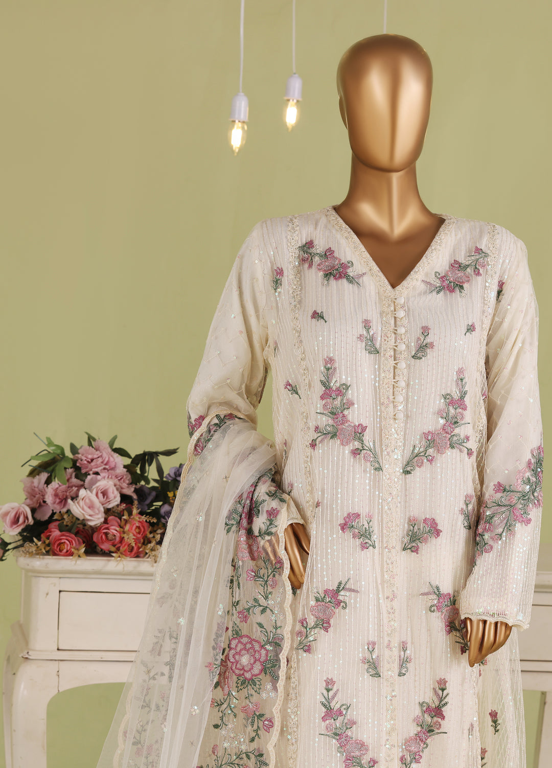 Falsafaa by HZ Textiles RTW Embroidered Organza 3 Piece Suit HZ26ULF HZK-237 Cream - Festive Collection