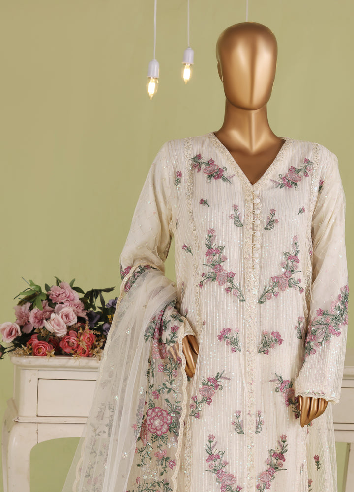 Falsafaa by HZ Textiles RTW Embroidered Organza 3 Piece Suit HZ26ULF HZK-237 Cream - Festive Collection