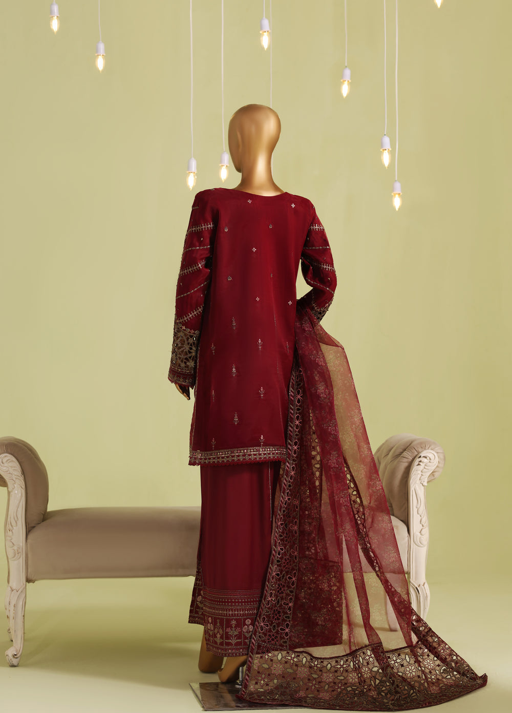 Falsafaa by HZ Textiles RTW Embroidered Organza 3 Piece Suit HZ26ULF HZK-238 Maroon - Festive Collection